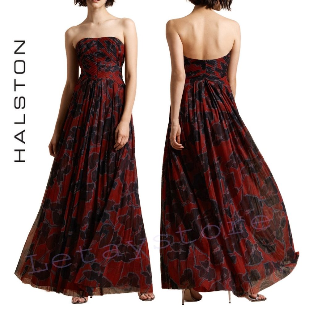 NWT Halston Strapless Floral Print Pleated Gown Maxi Dress - Picture 1 of 7